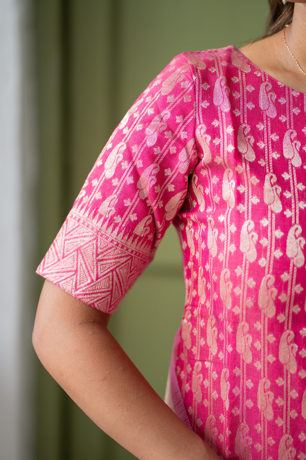 AA306 Pink Banarasi Silk Salwar Set With Beautiful Border & White Kota Dupatta with Pink Border
