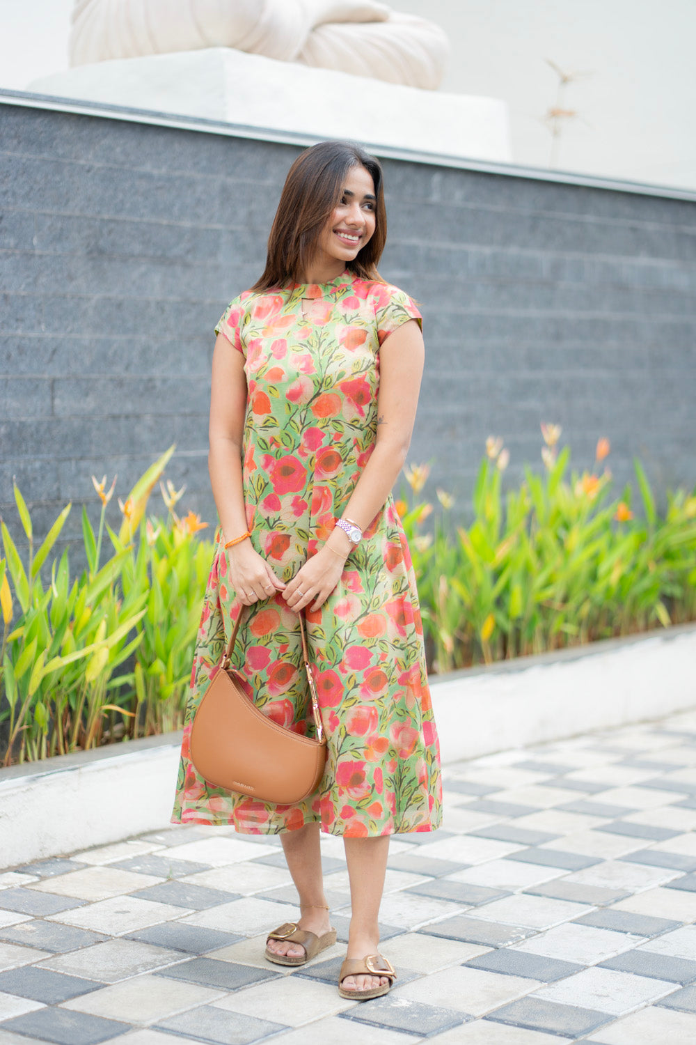AA283  Green With Pink Floral Shimmer Silk Aline Kurti