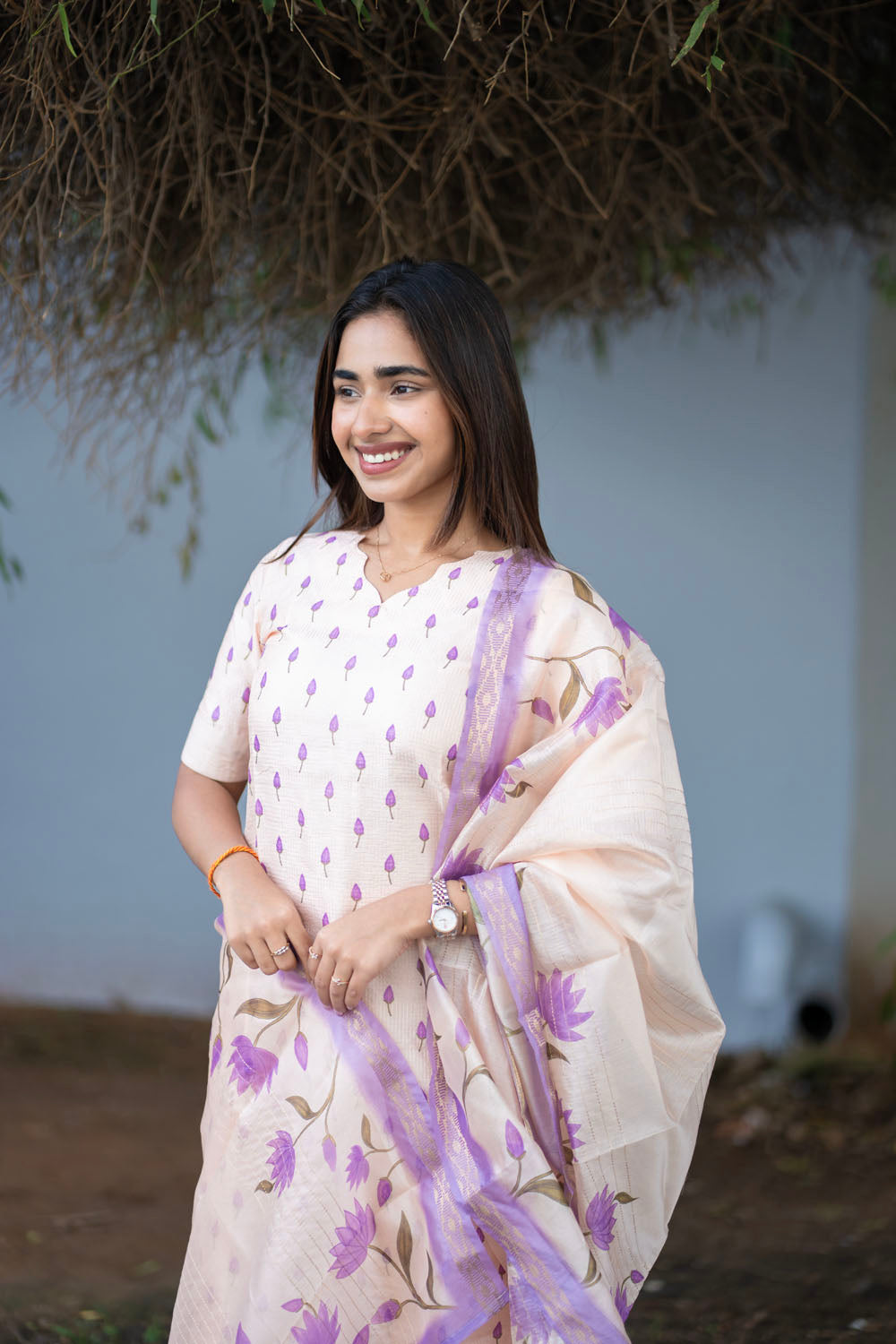 AA252 Beige with Lavender Combo Kota Floral 3 Pc Set
