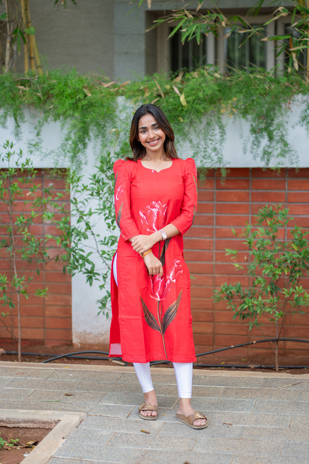 AA301 Corel Red Tulip Print Muslin Silk Kurti