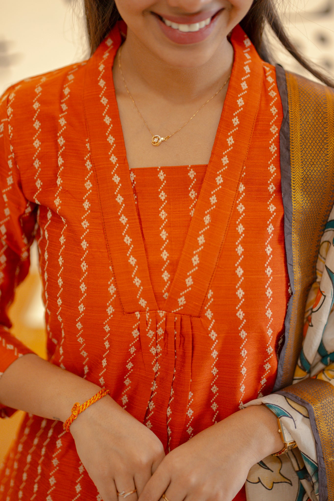 AA140 Orange Raw Silk Kurti with Kalamkari Dupatta