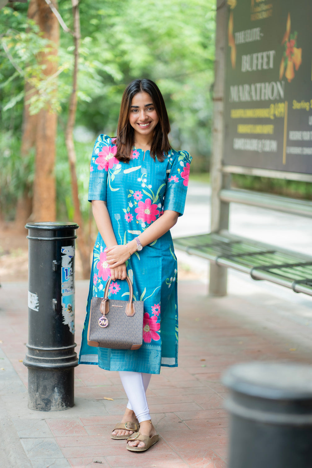 AA276 Peacock Blue Checks With Pink floral Mangalgiri Silk Kurti with Jacquard Border