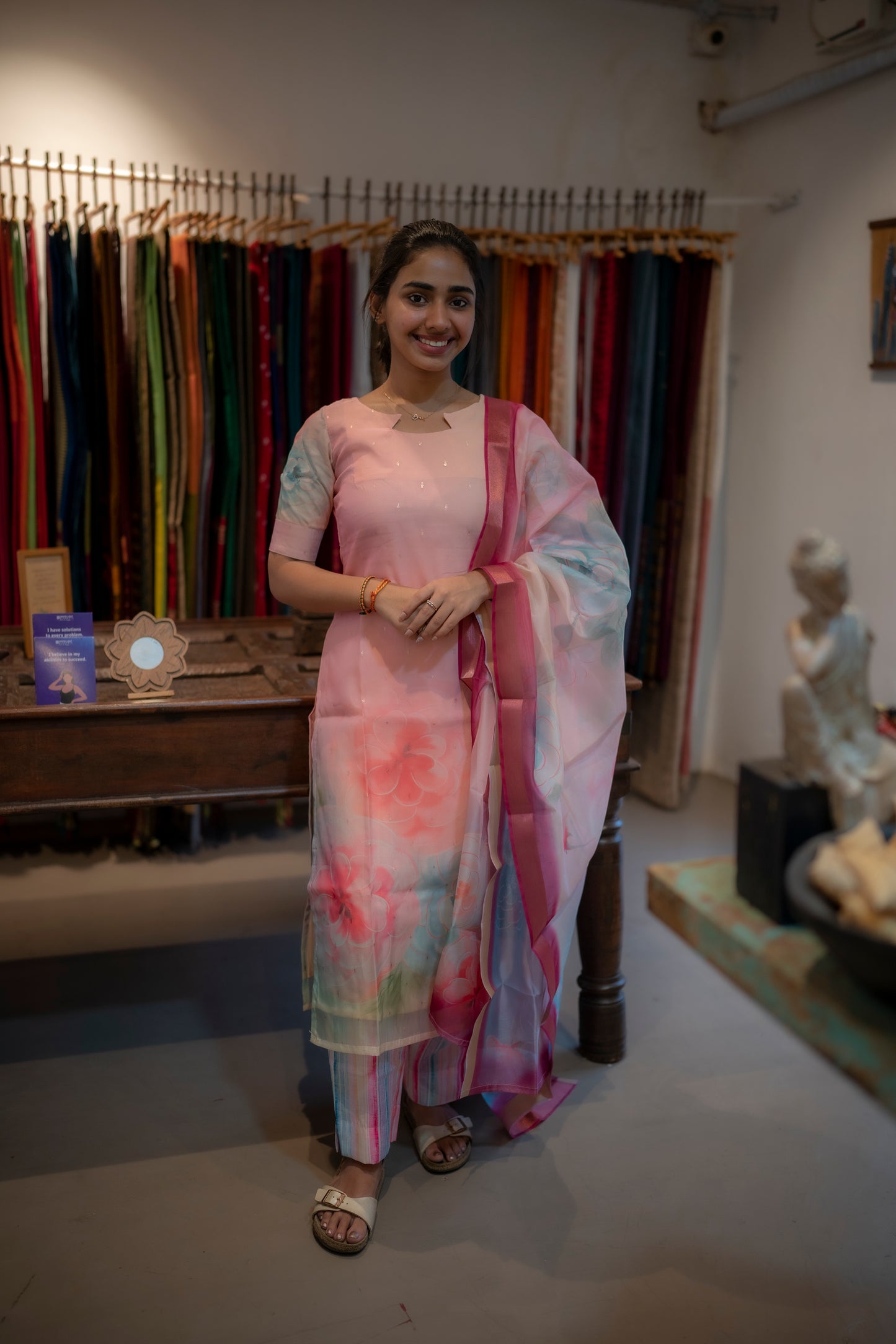 AA069 Flashy Floral Organza Top & Dupatta with Muslin Silk pant (3 Pc Set)