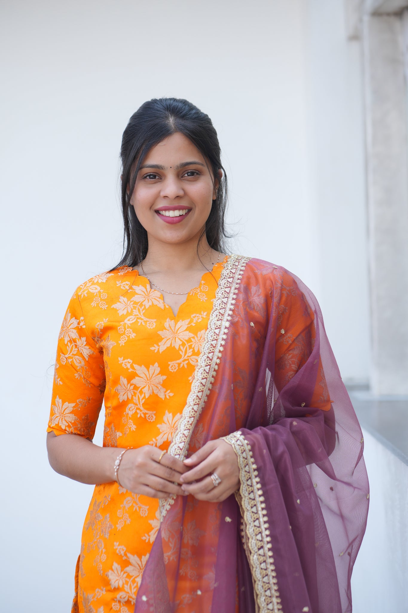 AA152 Dark Orange Brocade Silk Kurti with Wine Organza Sequence Dupatta