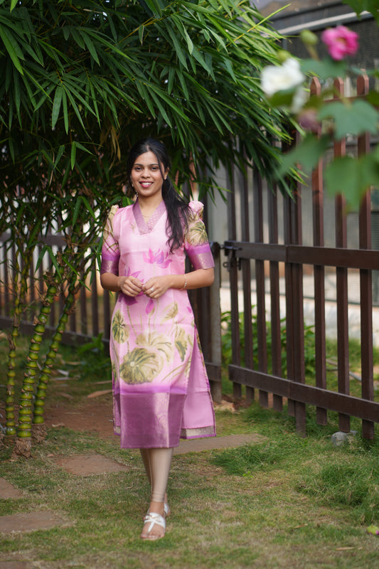 AA161 Lavender Floral Tissue Silk Kurti