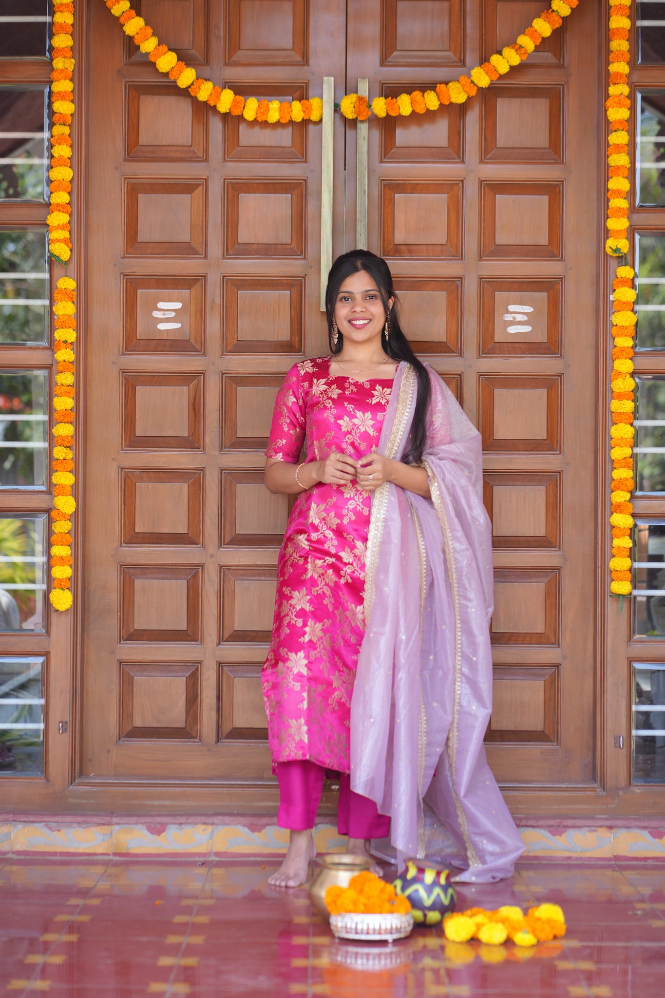 AA155 Bright Pink Brocade Silk Kurti & Pant with Lavender Organza Sequence Dupatta(3 Pc Set)