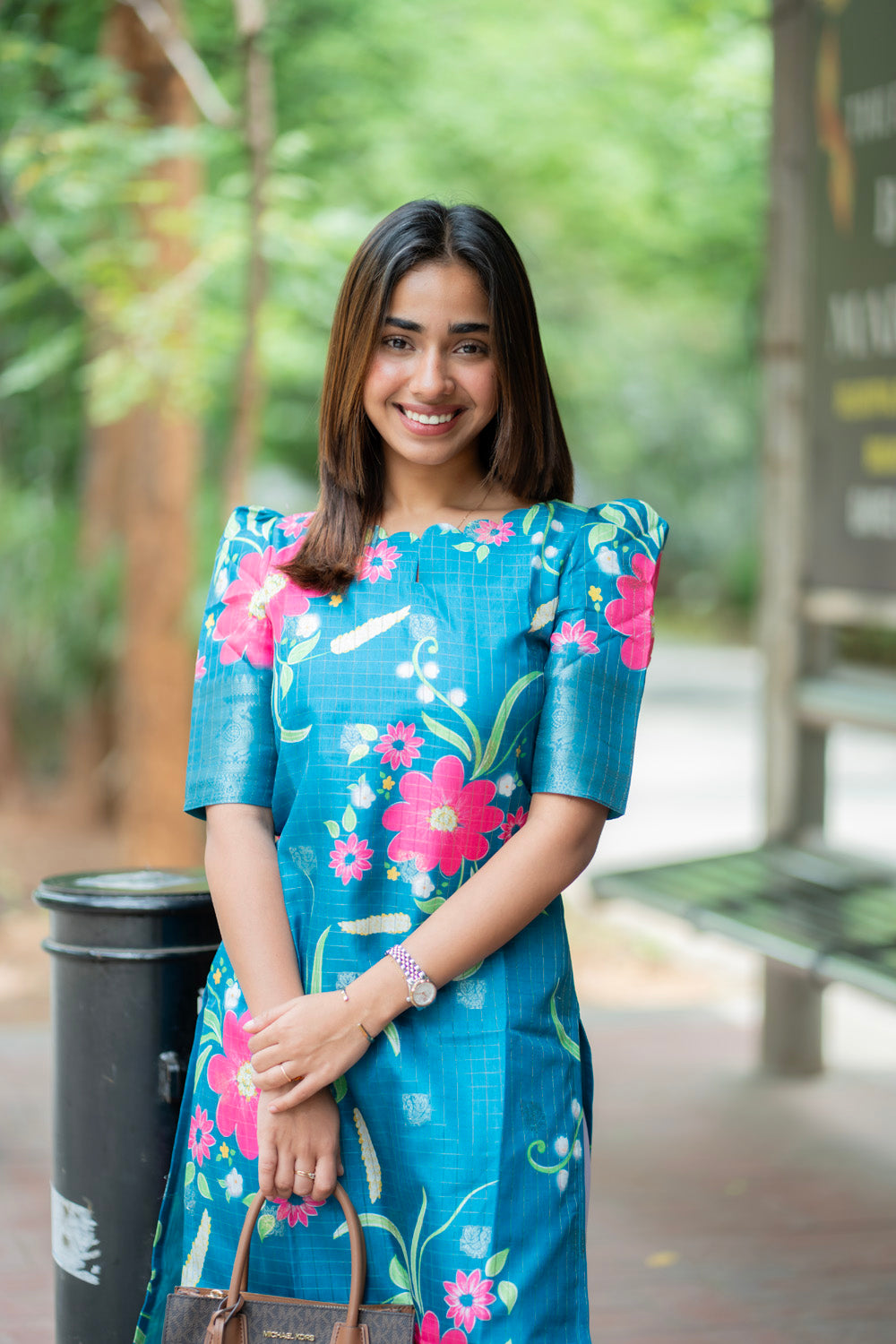 AA276 Peacock Blue Checks With Pink floral Mangalgiri Silk Kurti with Jacquard Border