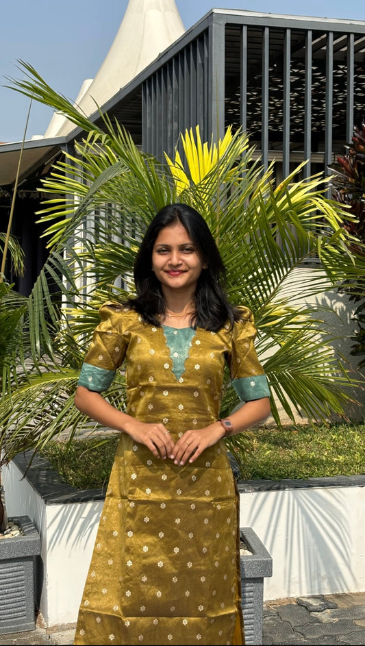 AA181 Mustard with Teal Blue Combo Shimmer Silk Kurti(Warning:Don’t Iron)
