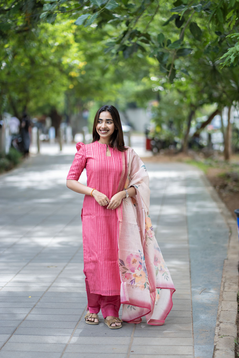 AA256 Red Linen Silk with Floral Dupatta Salwar Set