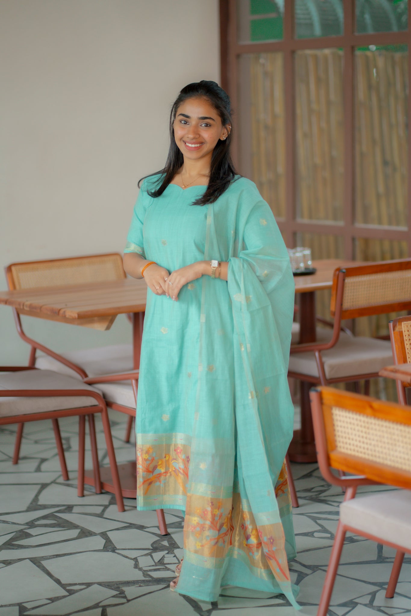 AA142 Blue Jamdani Linen Silk with Paithani Border 3 pc set