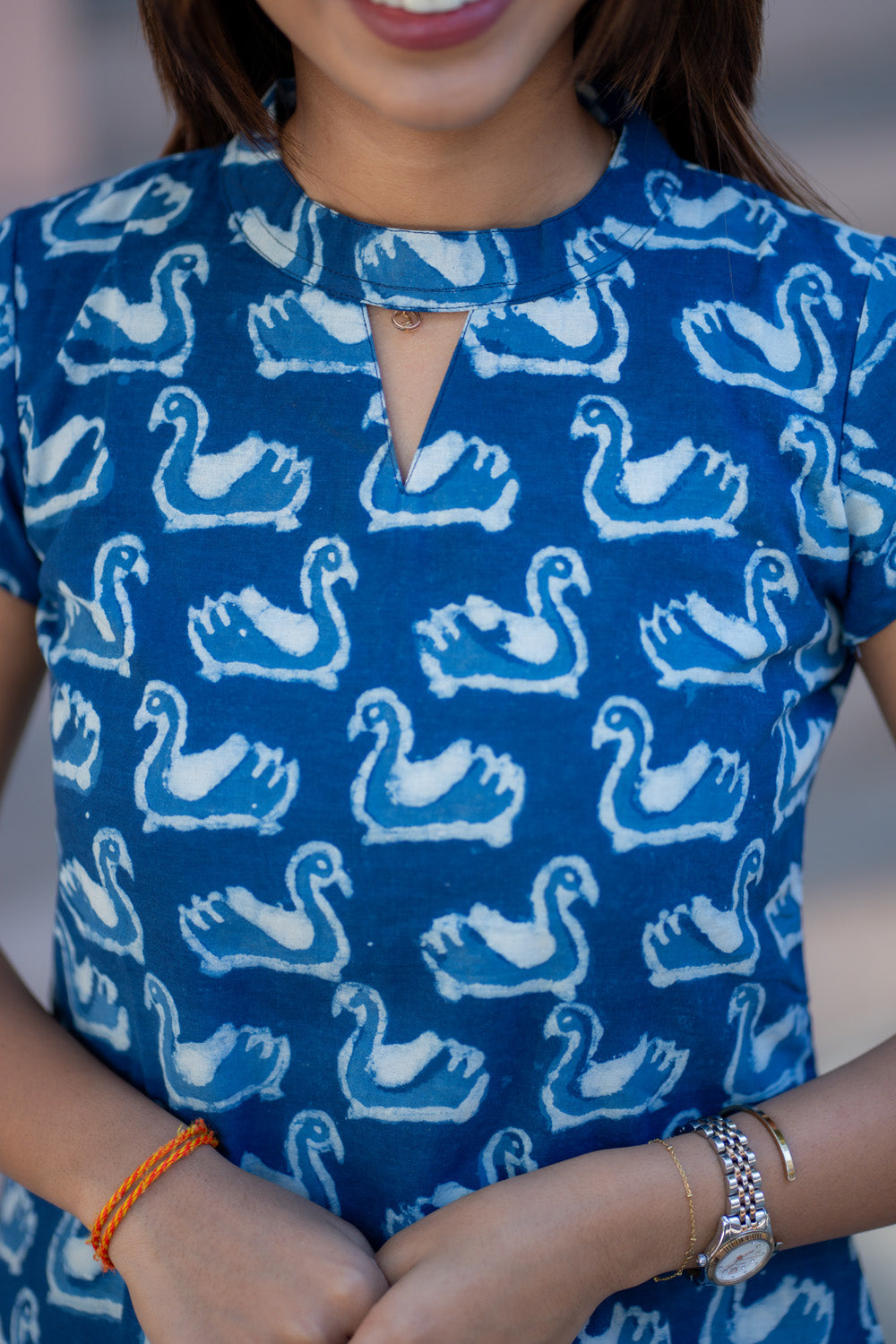 AA265 Indigo Blue Swan Print Cotton Aline Dress