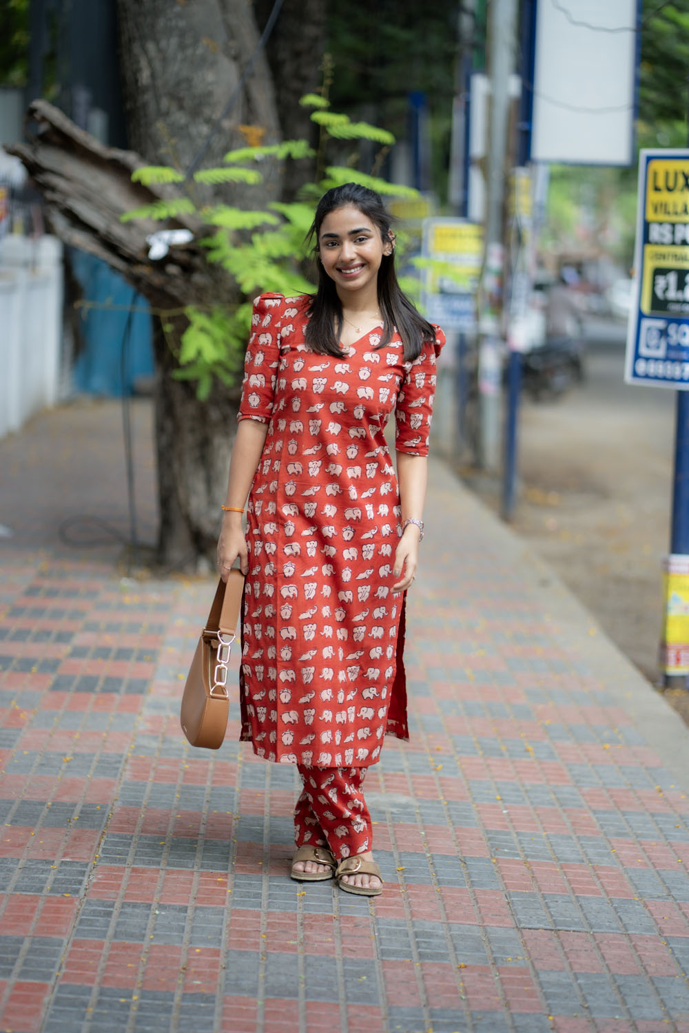 AA219 Red Cotton Elephant Printed  Co Ord Set