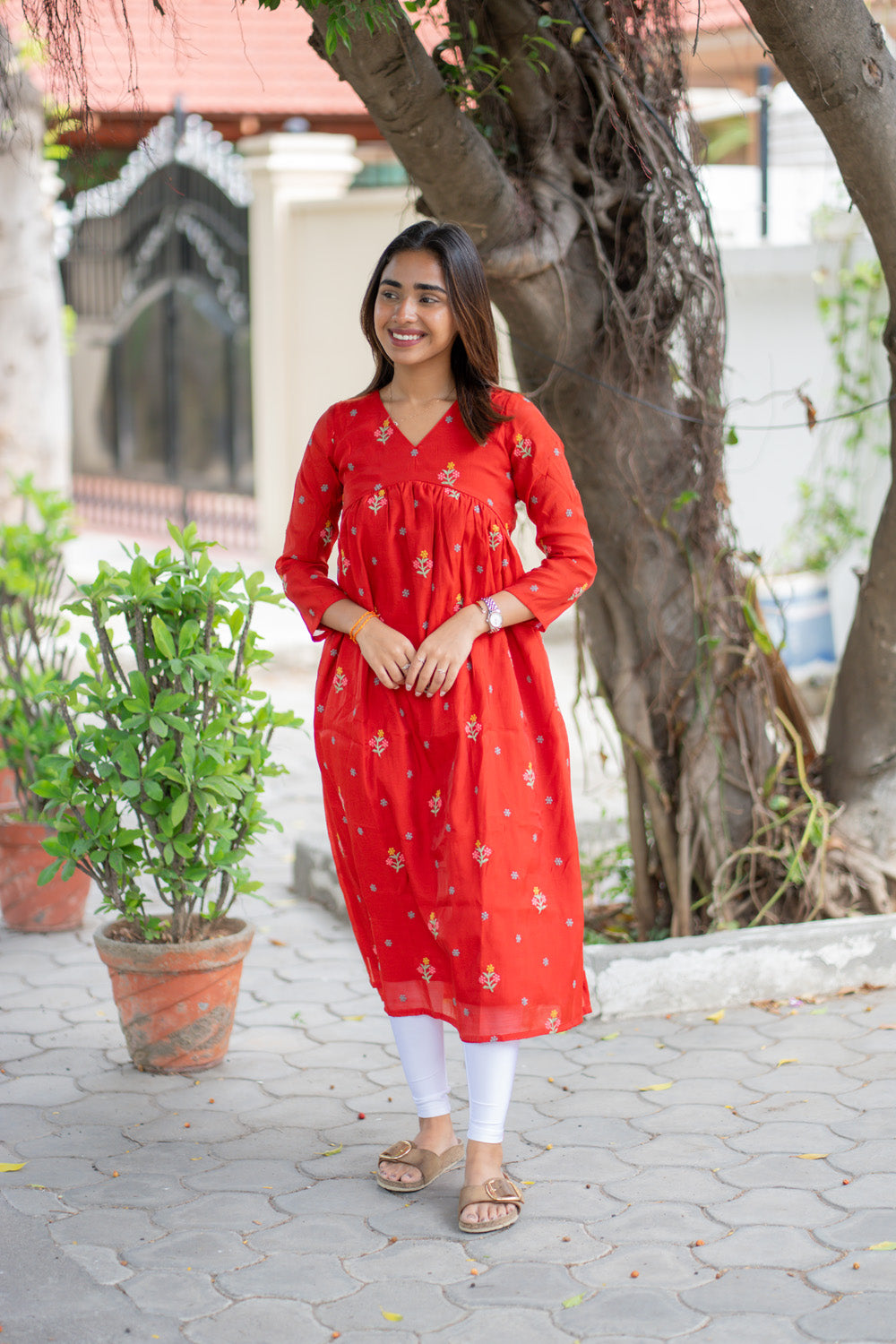 AA260 Rust Orange Mul Chanderi Alia Cut Dress