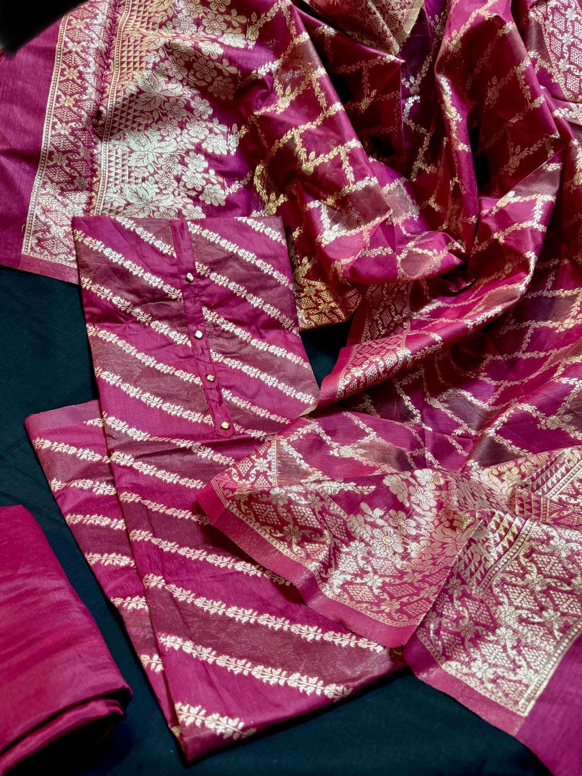 Raw Silk with Weaving Top & Dupatta,Silk Bottom(3 Pc Set)