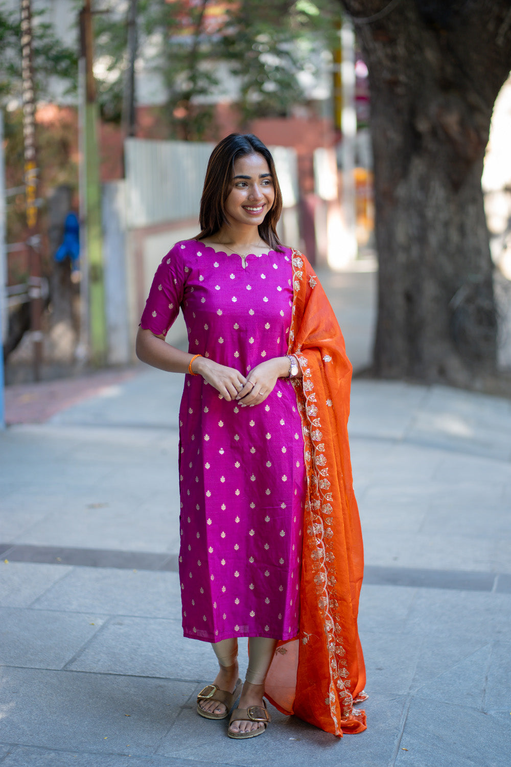 AA264 Pink Banarasi Silk Kurti with Rust Orange Silk Dupatta