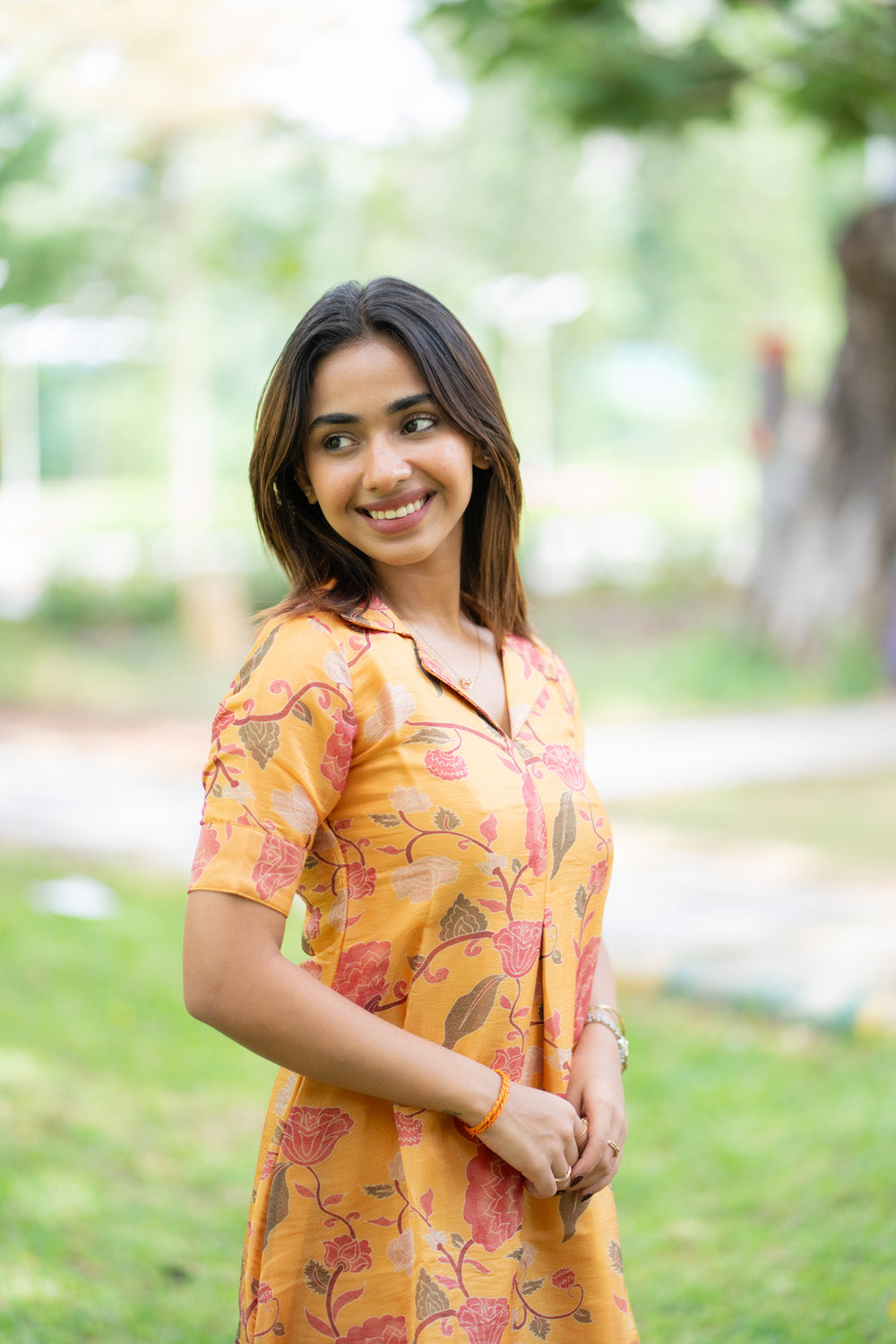 AA290 Marigold Floral Chiniya Silk Aline Dress