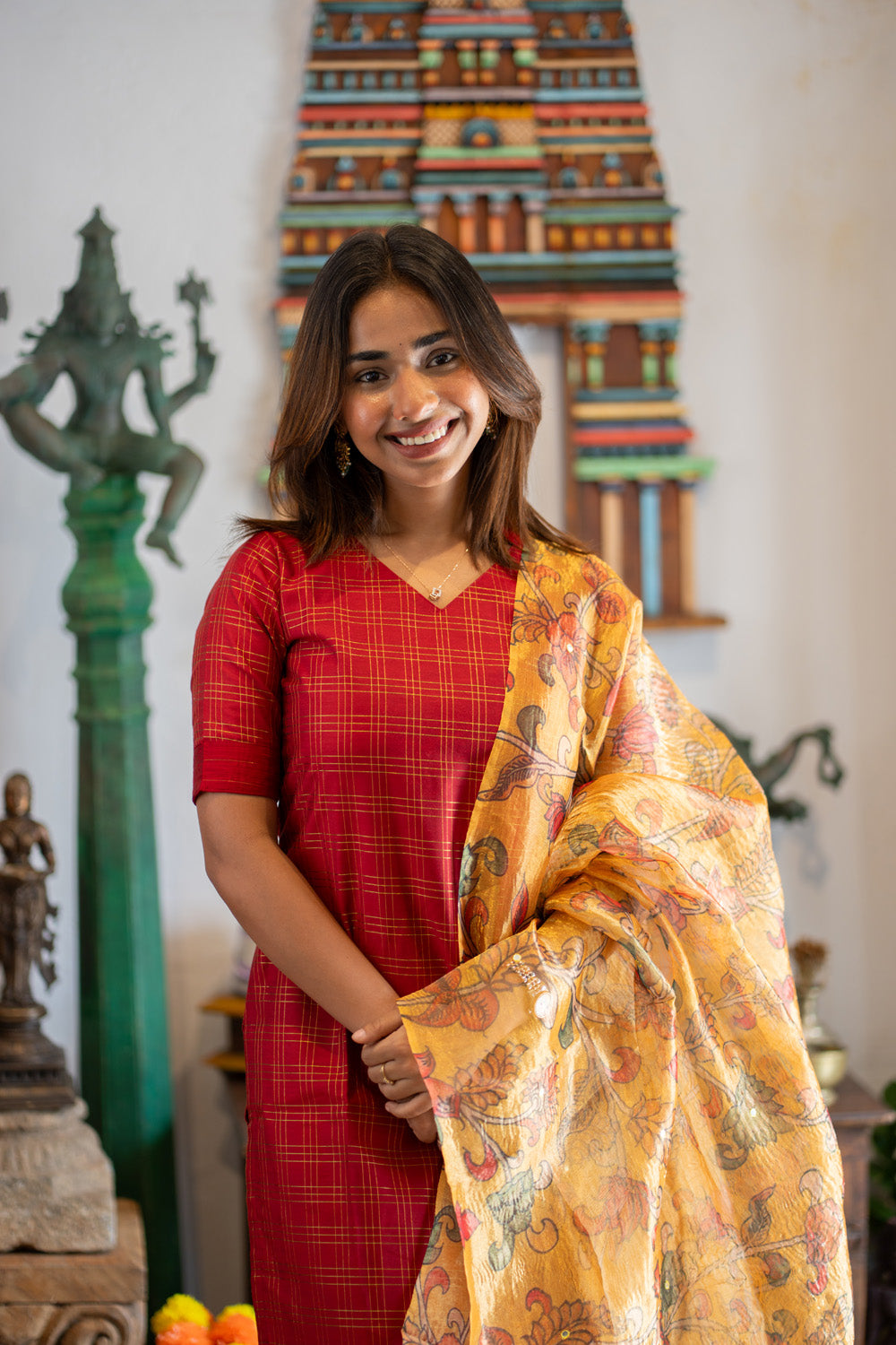 AA308 Red Triple Checks Pure Raw Silk Kurti & pant with Yellow Crush silk Organza Dupatta with Mirror work & floral Penkalamkari prints