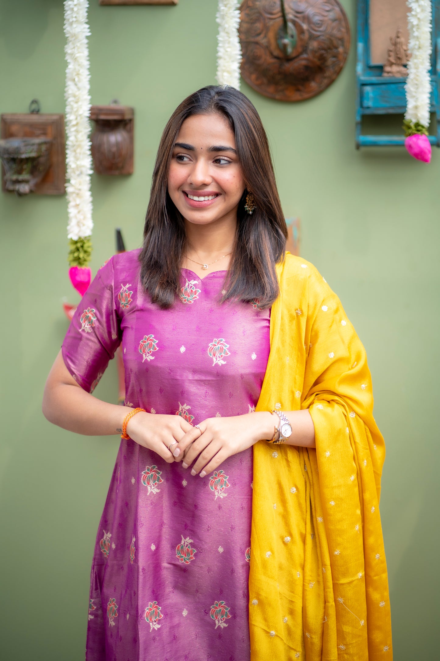 AA153 Lavender Shimmer Silk A line Kurti with Yellow Golden Motifs Dupatta