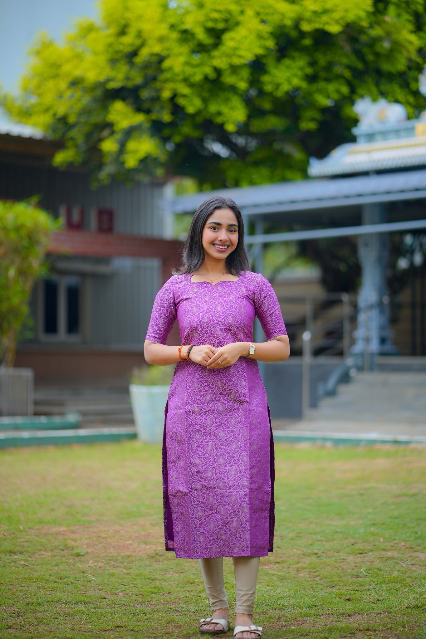 AA115 Purple Art Silk Kurti with Yellow golden Motifs Dupatta