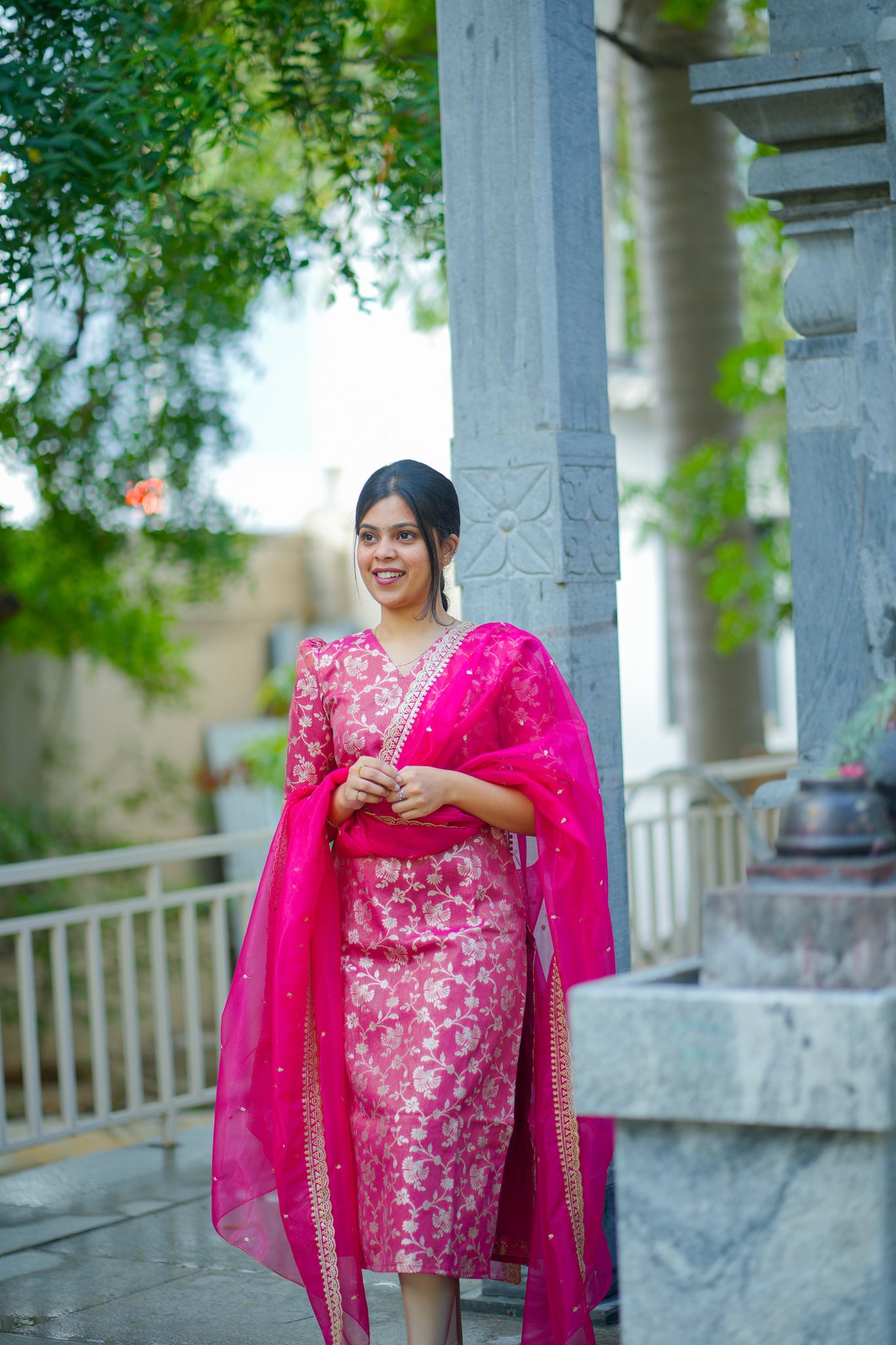 AA106 Hot Pink Tissue Brocade  Silk kurti with Designer Organza  Dupatta