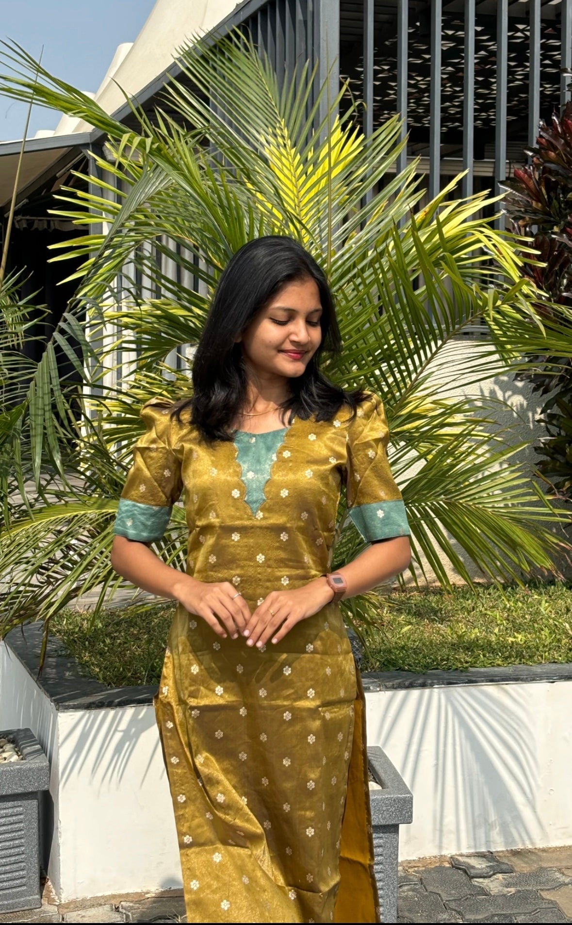 AA181 Mustard with Teal Blue Combo Shimmer Silk Kurti(Warning:Don’t Iron)