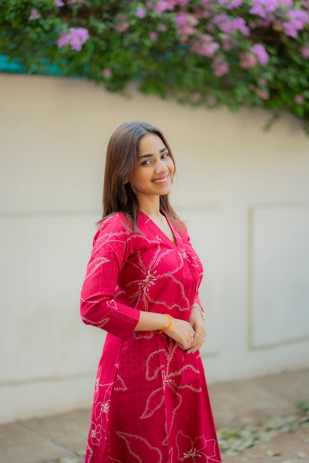 AA233 Raspberry Bandhani Floral print Flex Cotton Aline Kurti