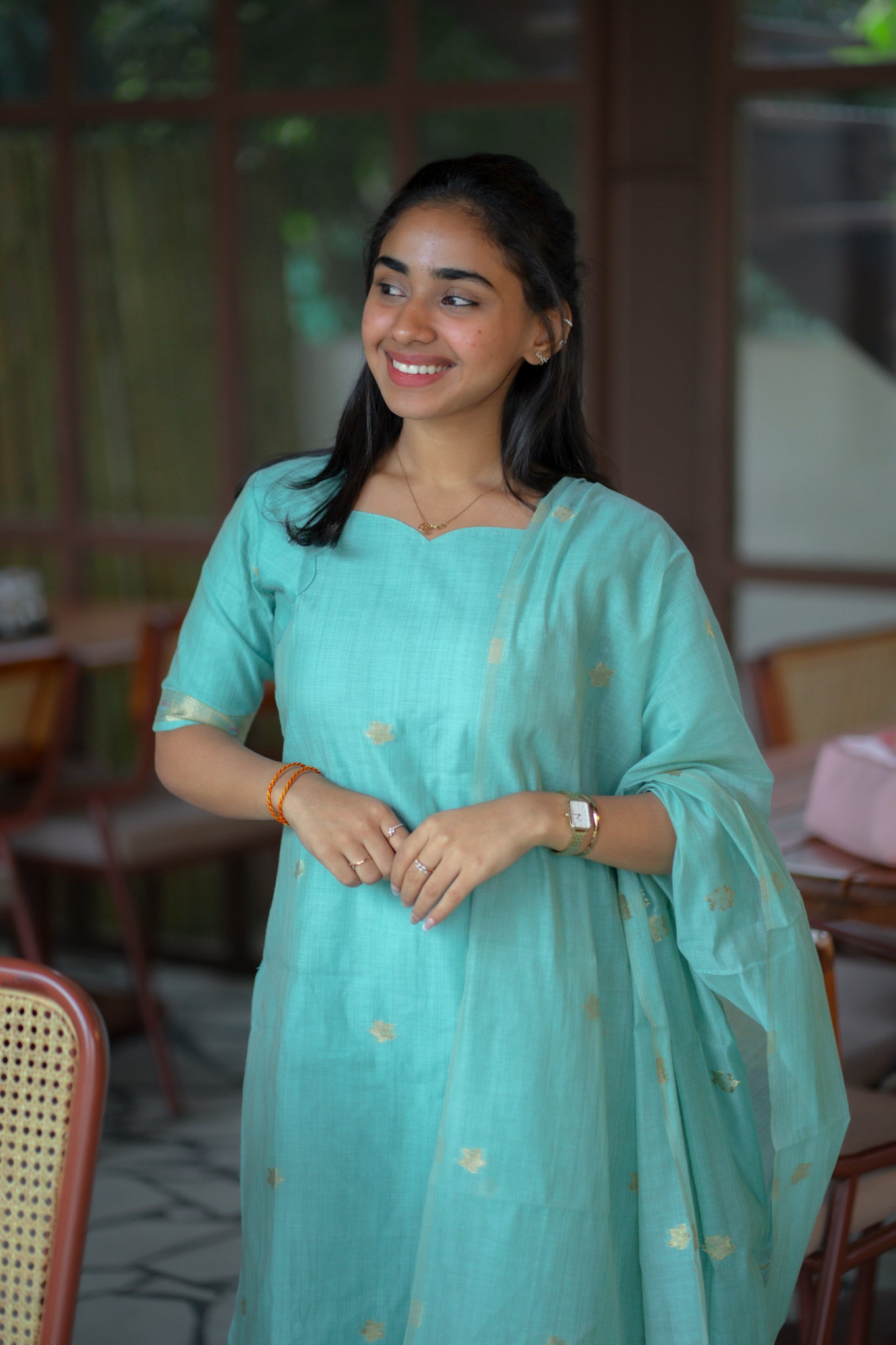 AA142 Blue Jamdani Linen Silk with Paithani Border 3 pc set