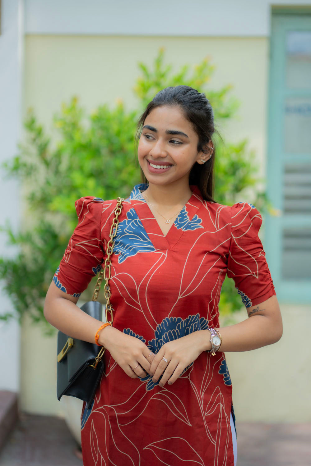 AA221  Cherry Red Butter Cotton Floral Kurti