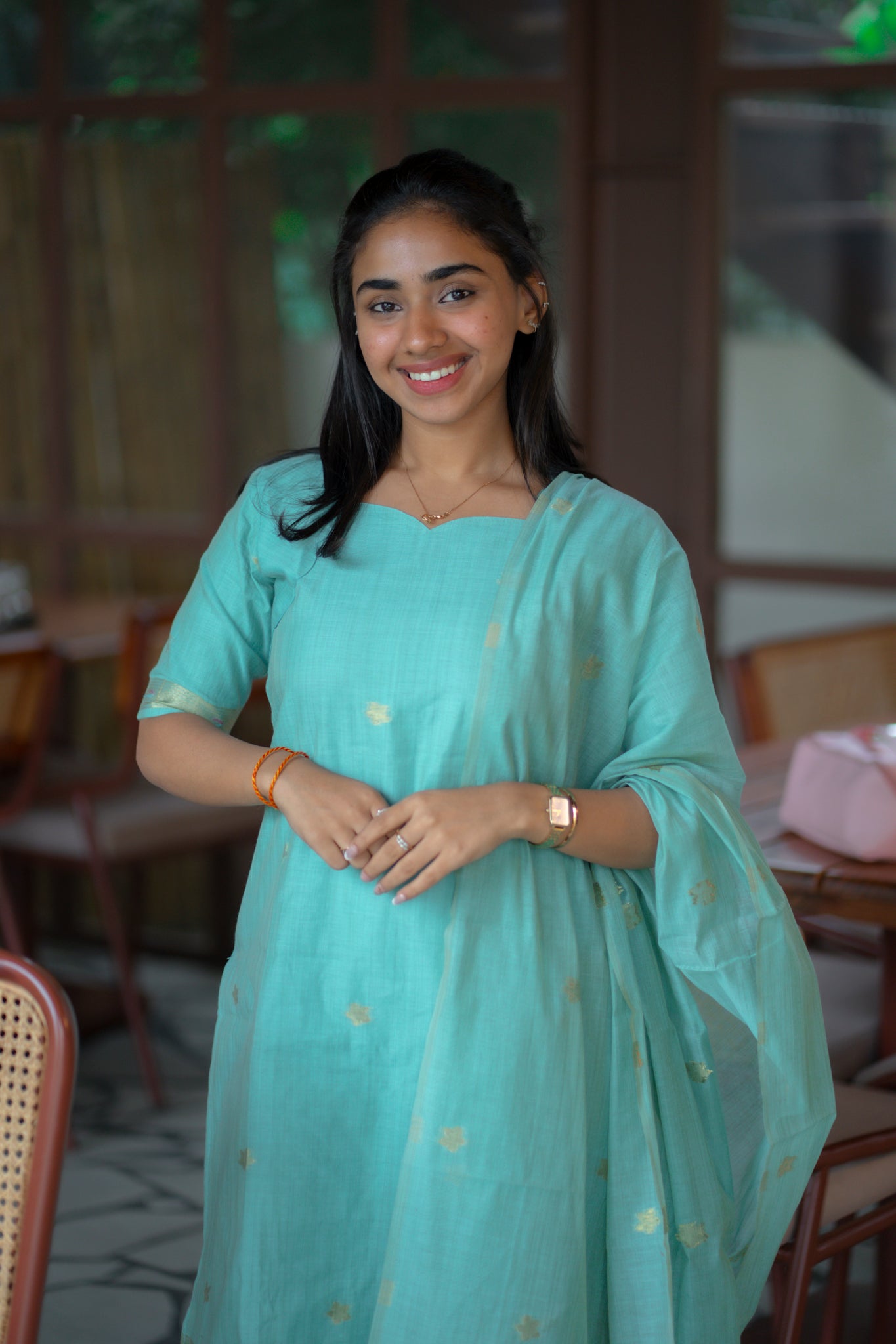 AA142 Blue Jamdani Linen Silk with Paithani Border 3 pc set