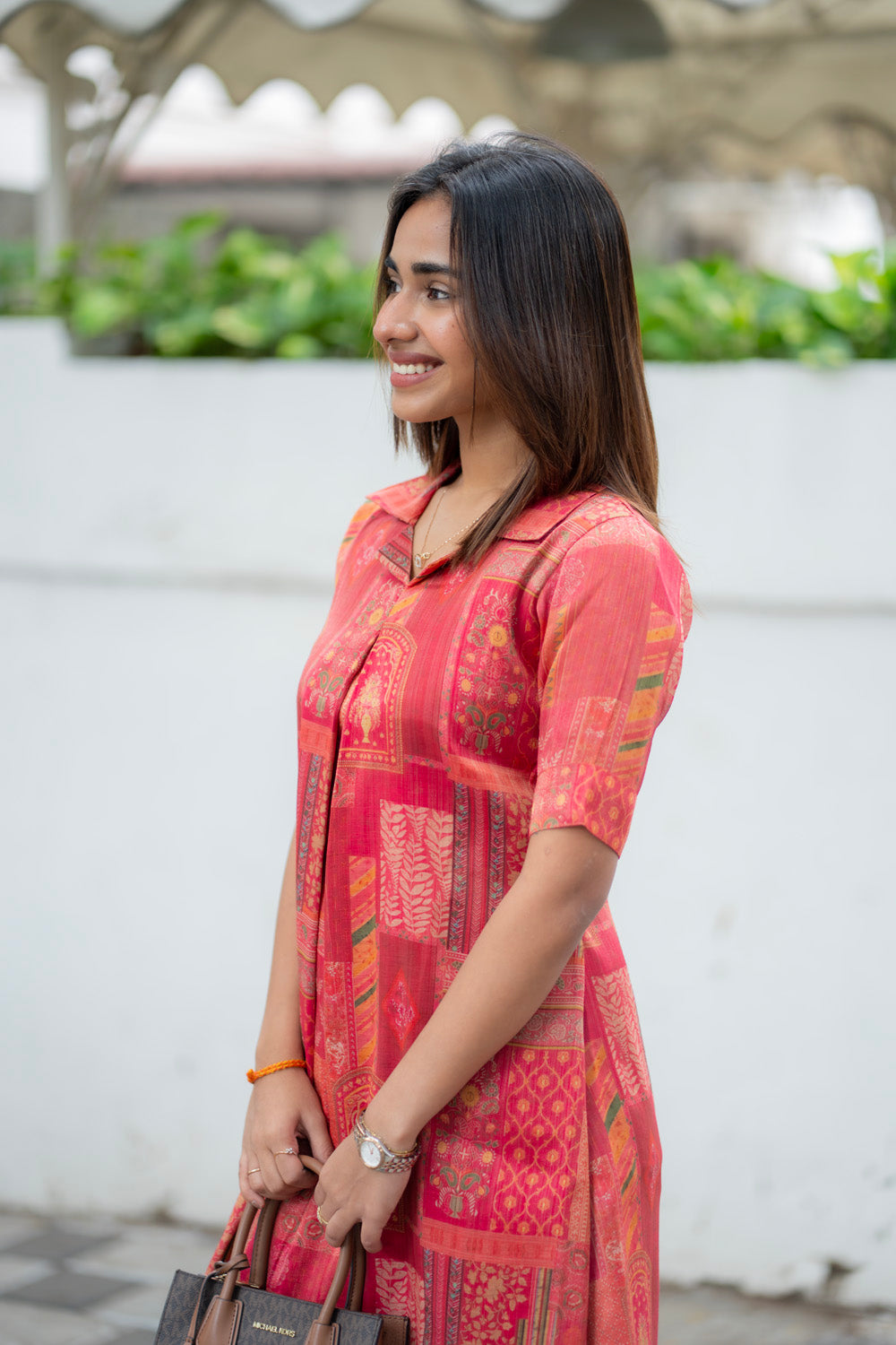 AA288 Coral Red with Multi Prints Shimmer Silk Aline Kurti