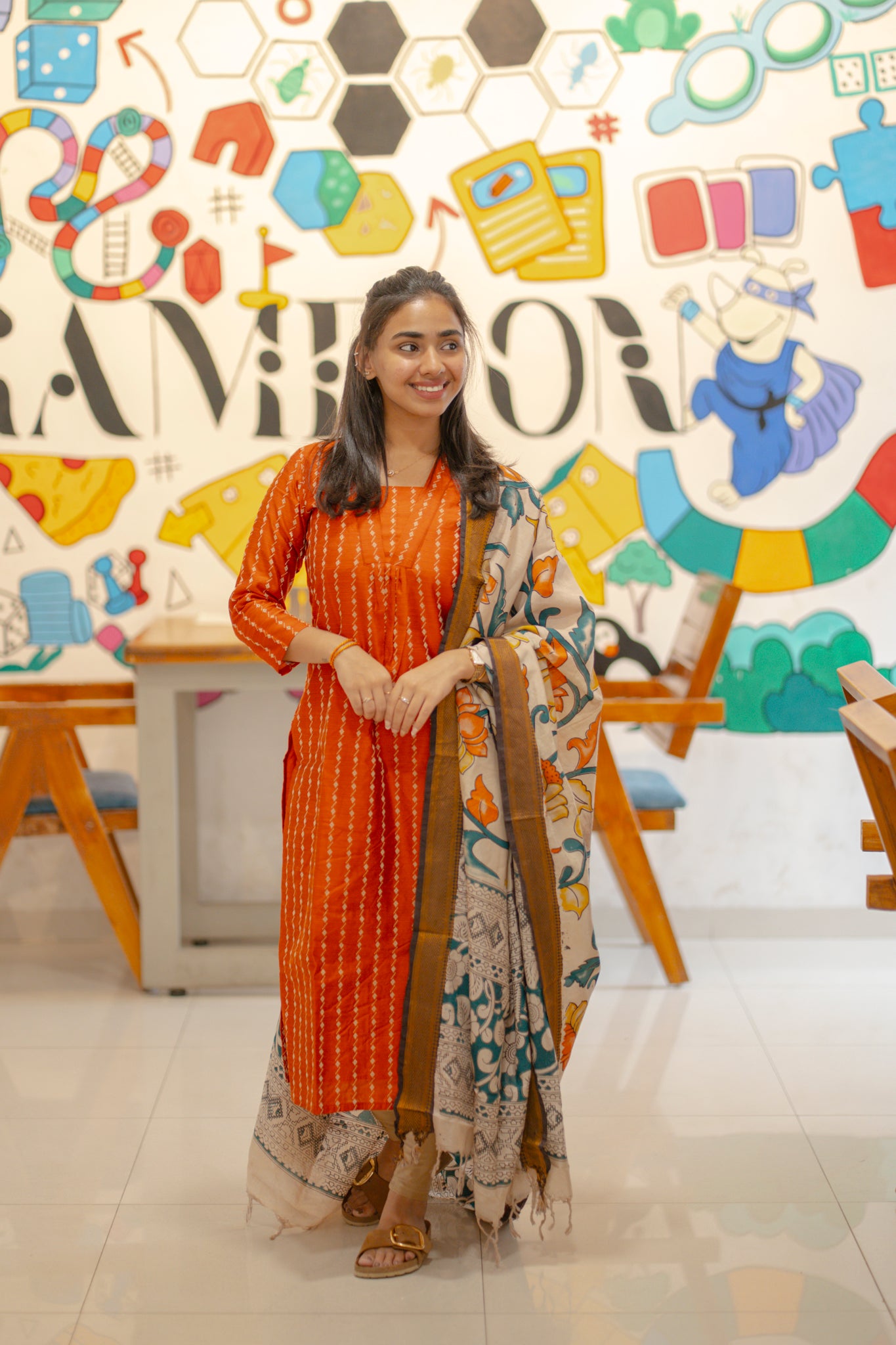 AA140 Orange Raw Silk Kurti with Kalamkari Dupatta