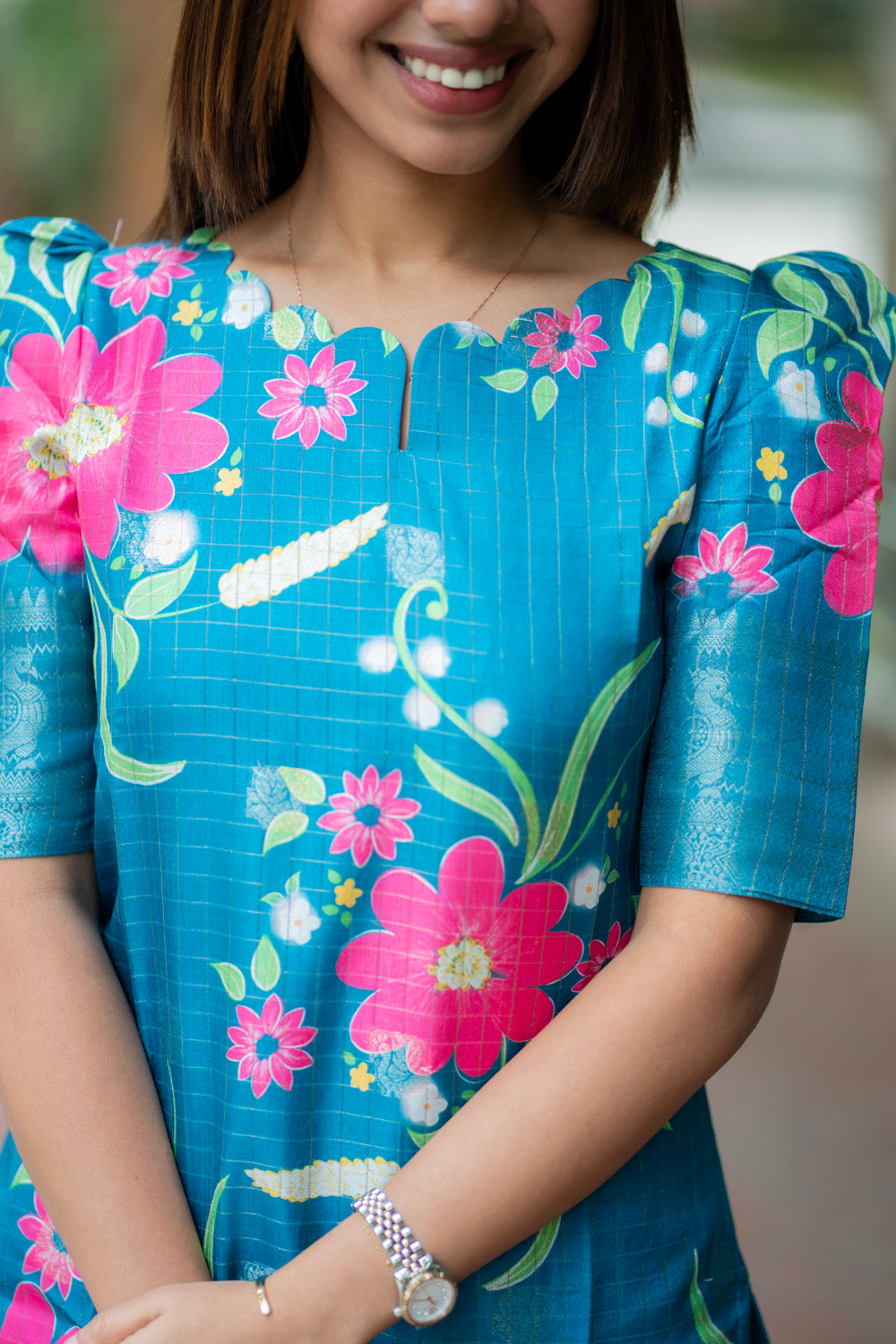AA276 Peacock Blue Checks With Pink floral Mangalgiri Silk Kurti with Jacquard Border