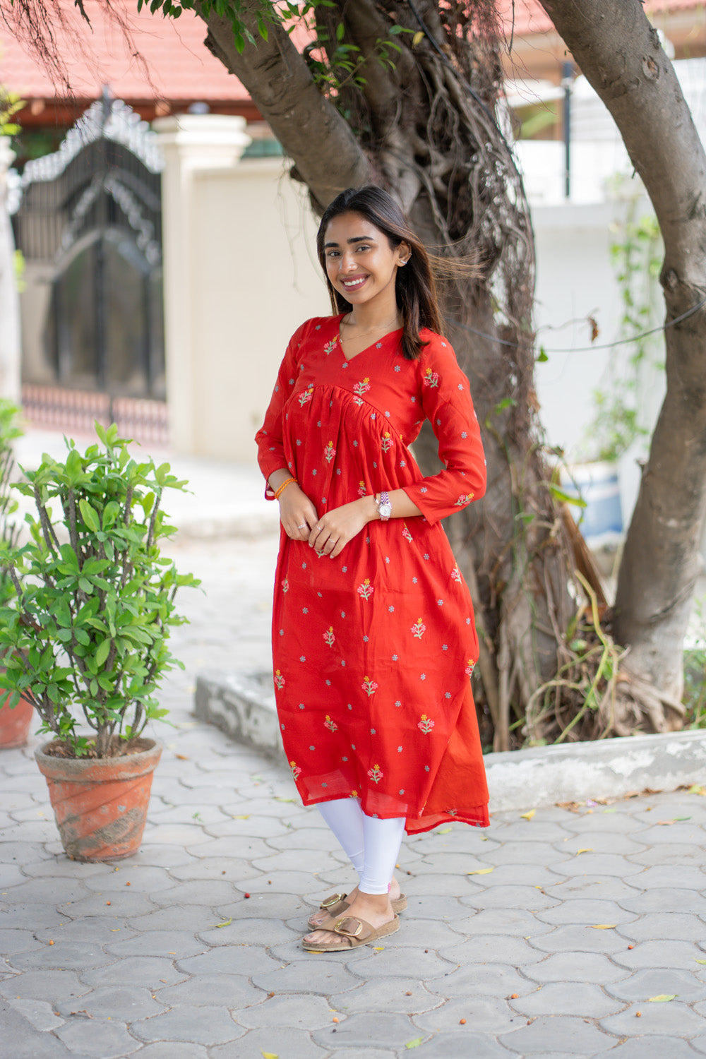 AA260 Rust Orange Mul Chanderi Alia Cut Dress