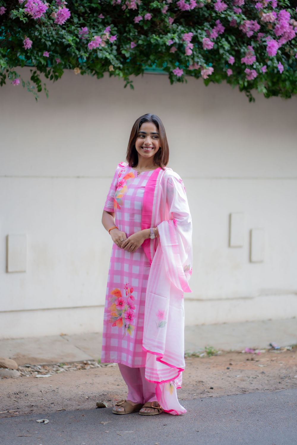 AA245 Pink Checks Floral Cambric Cotton 3 Pc Set