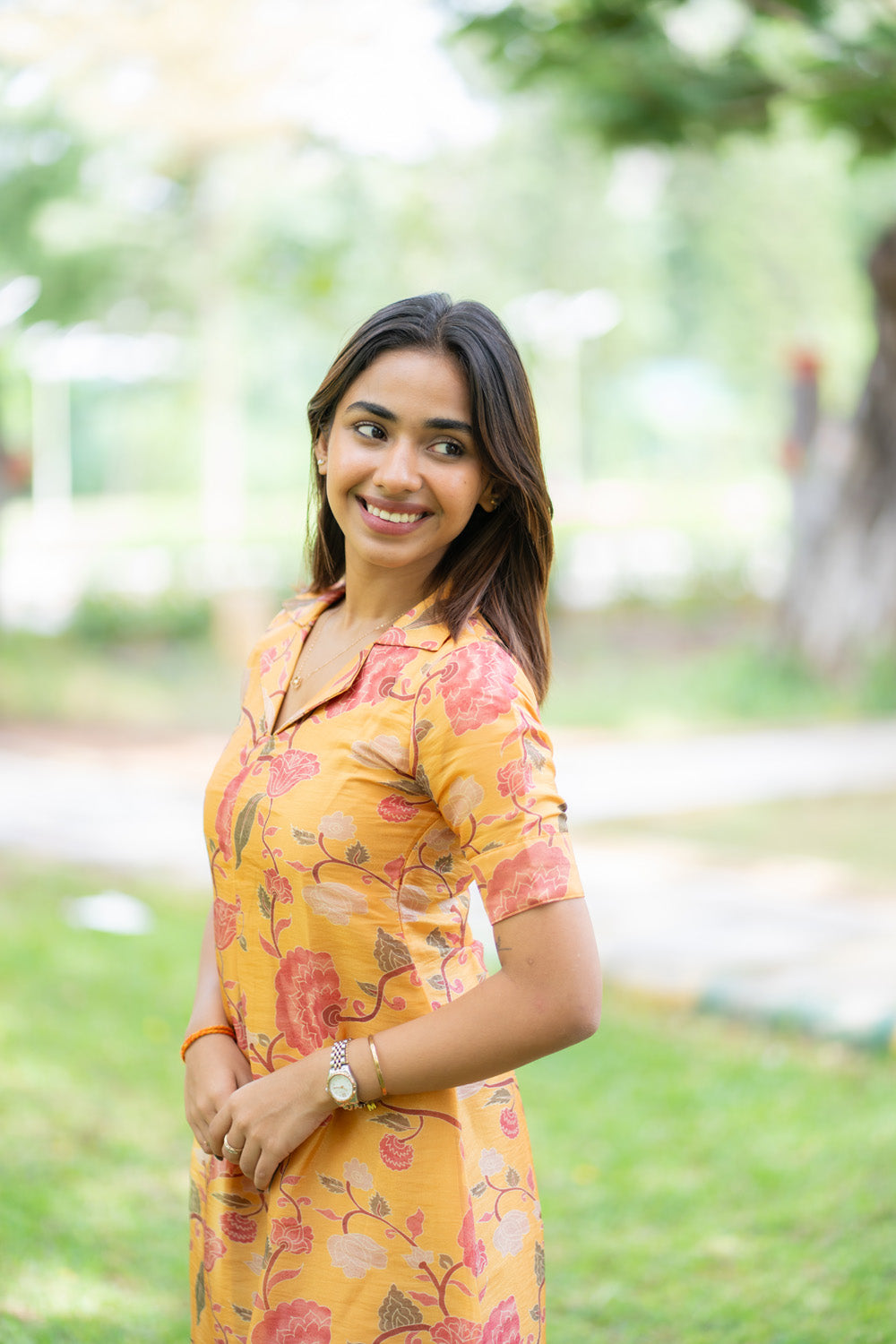 AA290 Marigold Floral Chiniya Silk Aline Dress