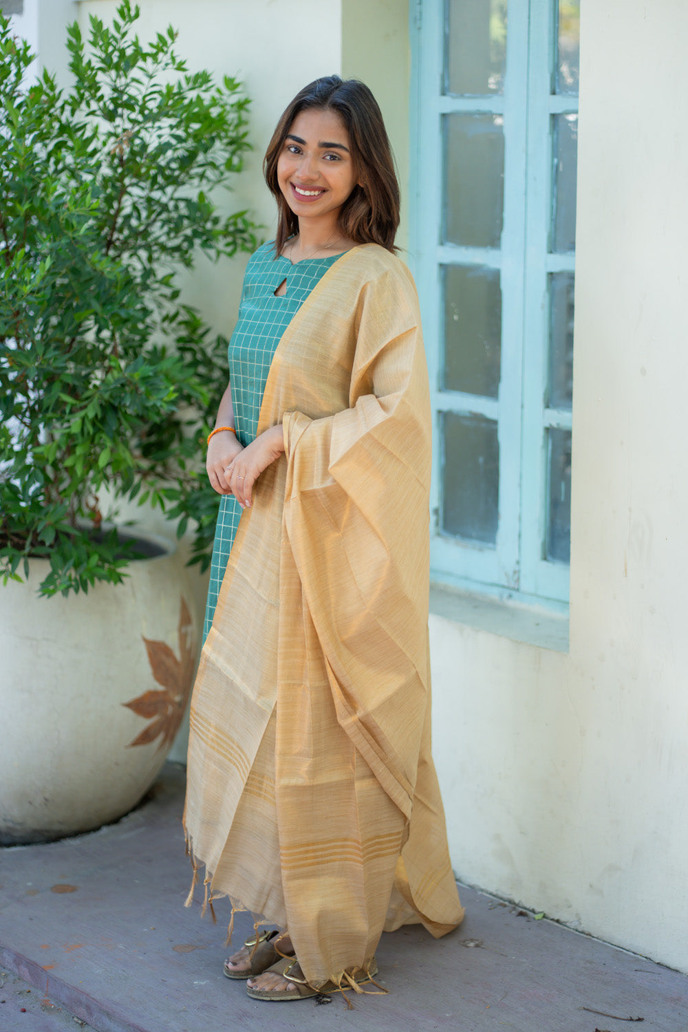 AA266 Bottle Green Checks with Temple Border Dolla Silk Kurti with Golden Tissue Silk Dupatta