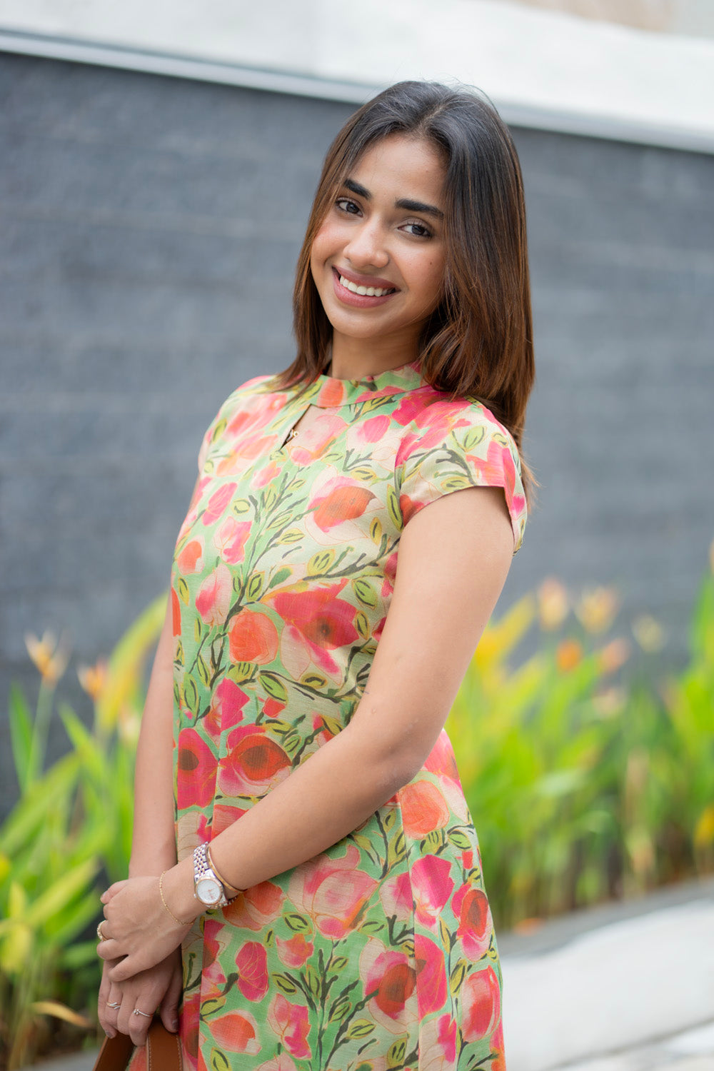 AA283  Green With Pink Floral Shimmer Silk Aline Kurti