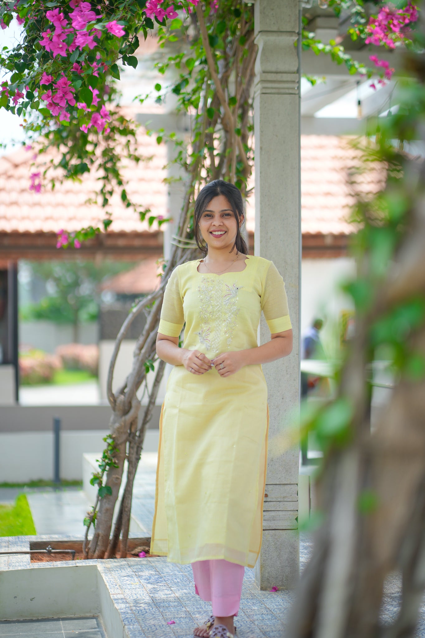 AA127 Pastel Yellow with pink combo Bead Work Tissue Silk 3 Pc Set