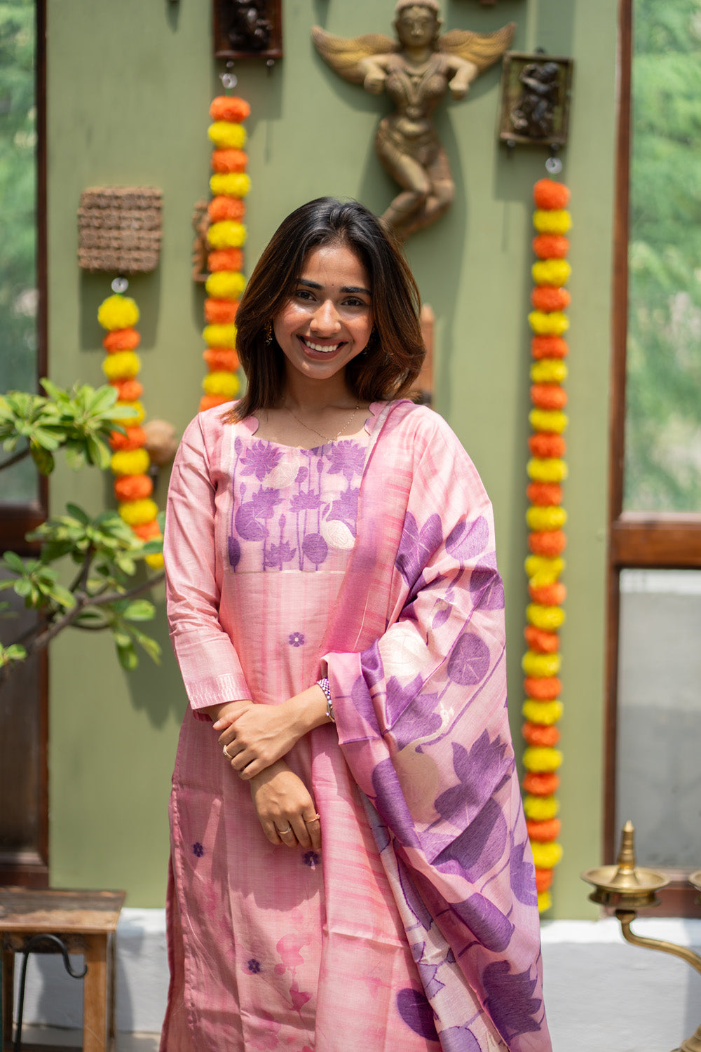 Pink with Purple Combo Swan & Pichwai Print Jamdhani Silk Salwar Set