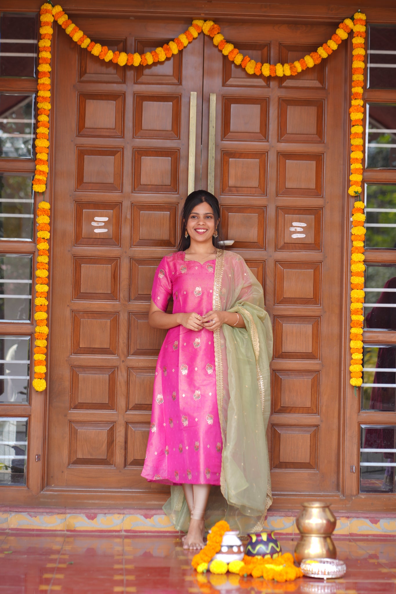 AA163 Pink Shimmer Silk A line Kurti with Pastel Green Organza Dupatta
