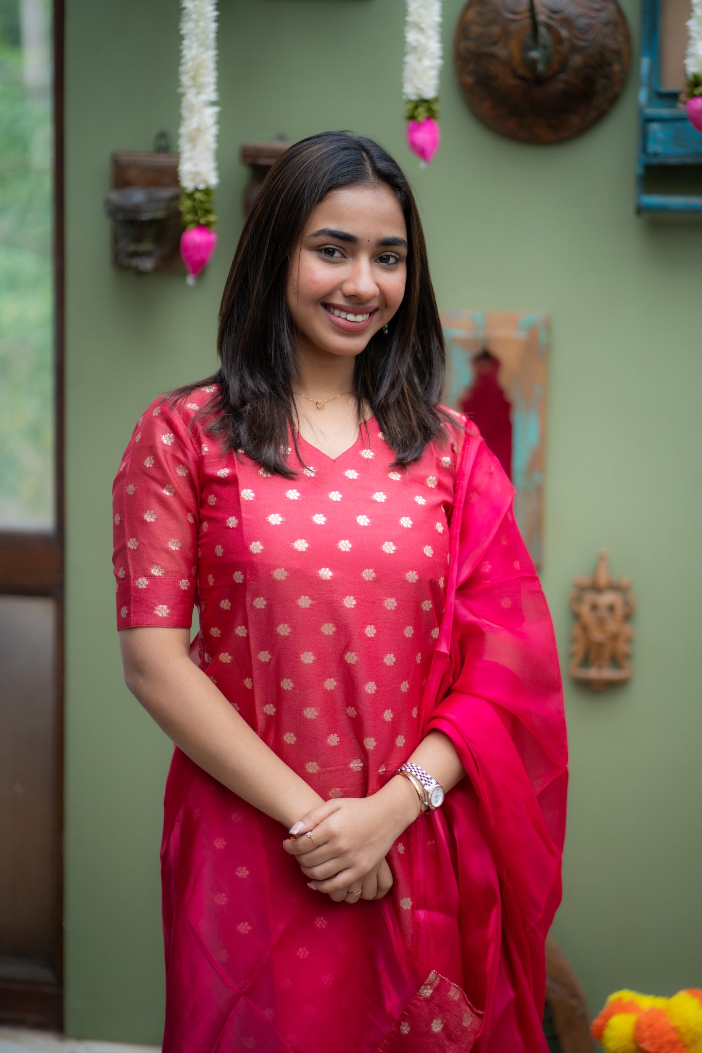 AA147 Rani Pink Chanderi Jacquard Silk Kurti With Shimmer Silk Dupatta
