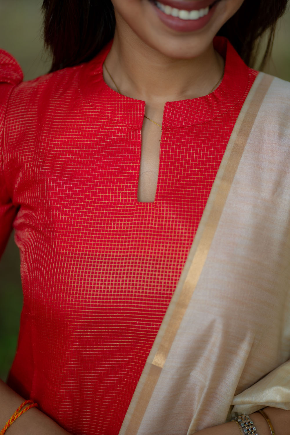 AA244 Red Checks Tissue Silk Kurti with Golden Dupatta