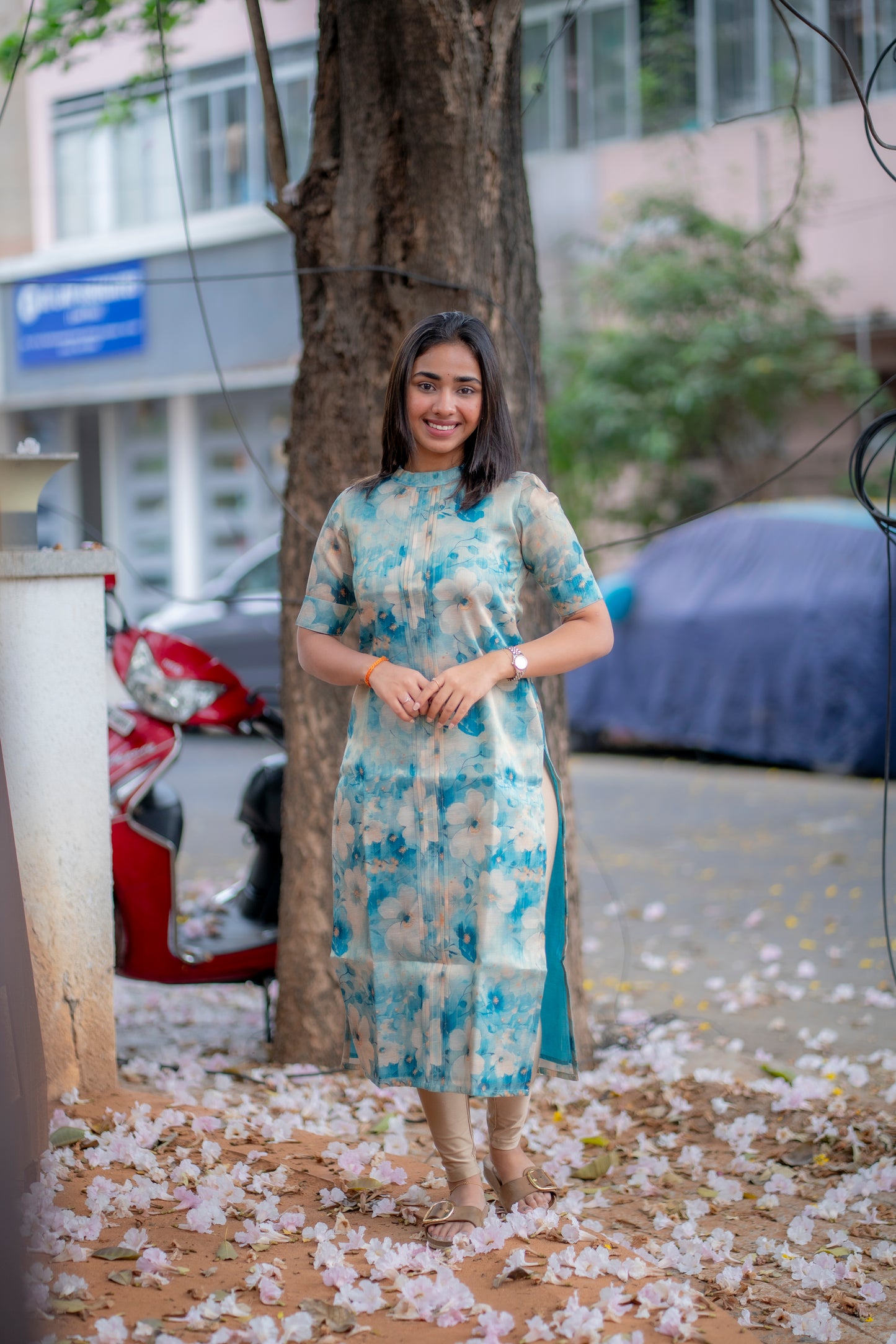 AA184 Blue Digital Print Floral Silk Kurti