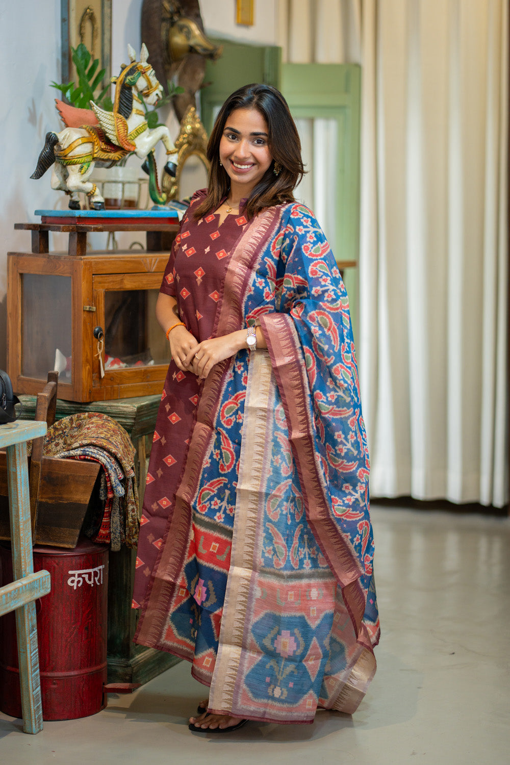Brown with Blue combo Malai Chanderi Salwar Set with Patola Print Dupatta