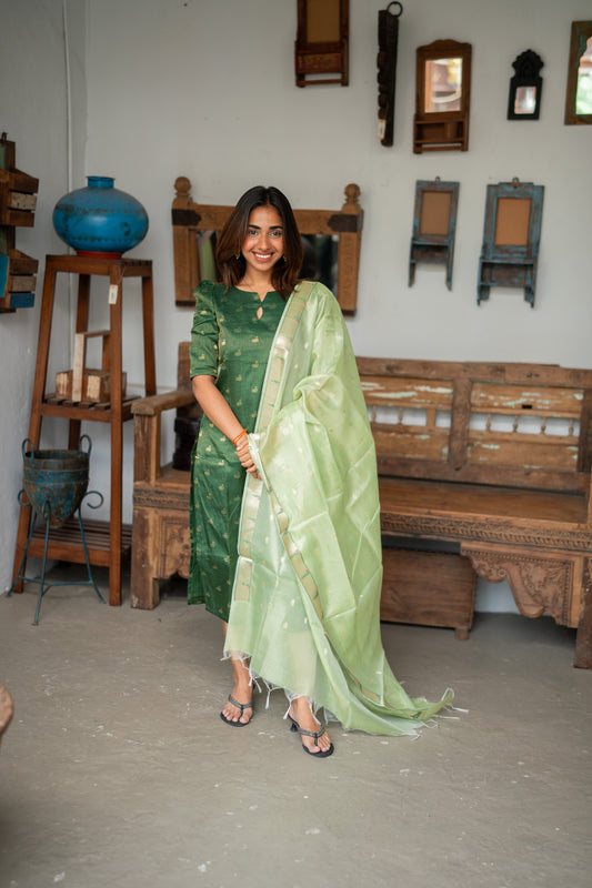 AA311 Bottle Green Checks Swan Print Tissue Silk Kurti with Light green Checks Paithani Border Tissue Silk Dupatta