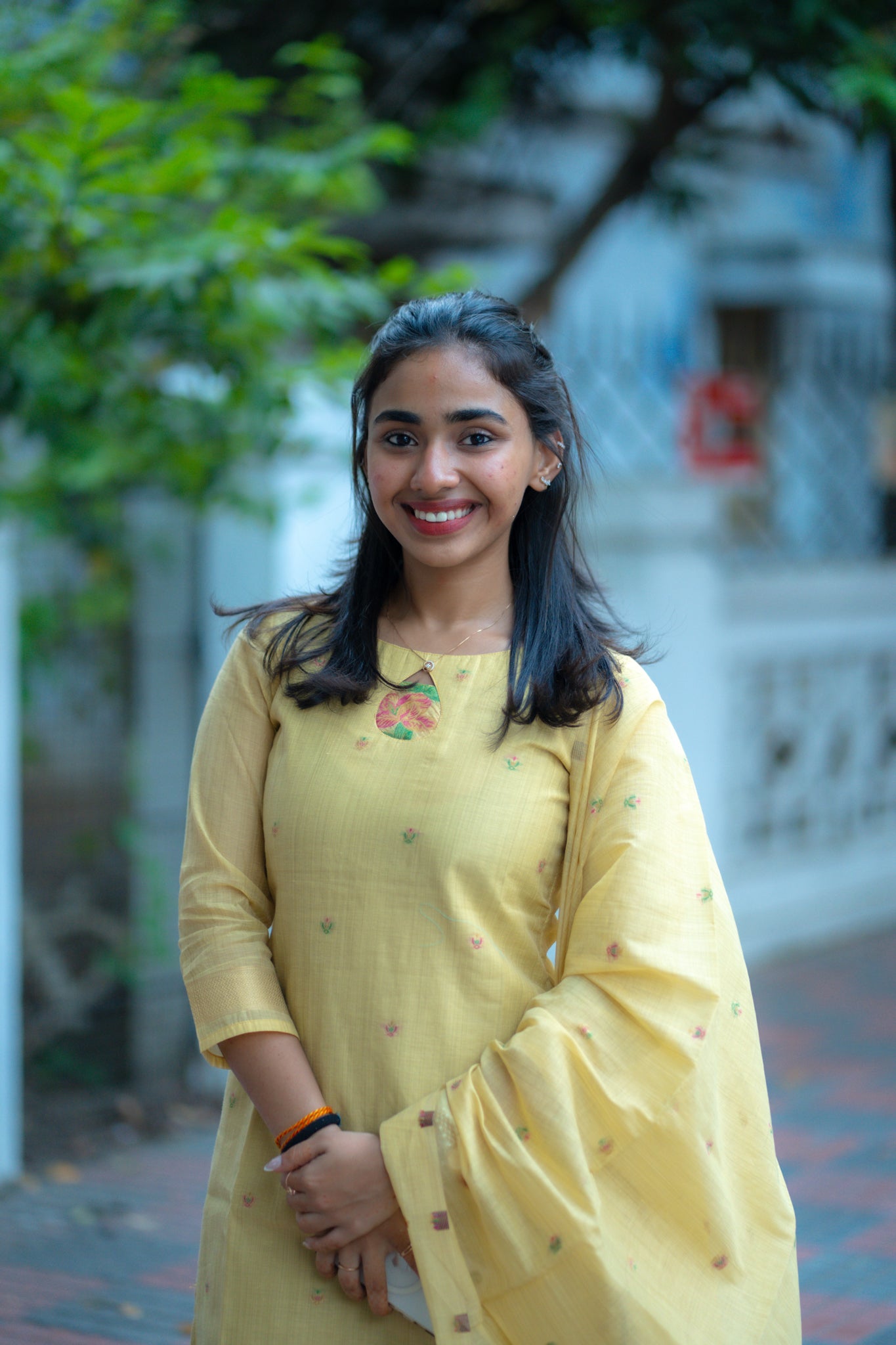 AA133 Yellow Floral Jamdani Silk Kurti with Dupatta