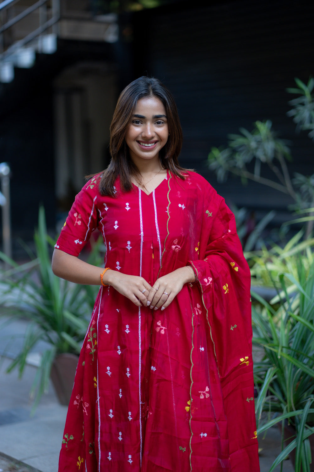 AA267 Dark Red Mul Chanderi Floral Salwar Set