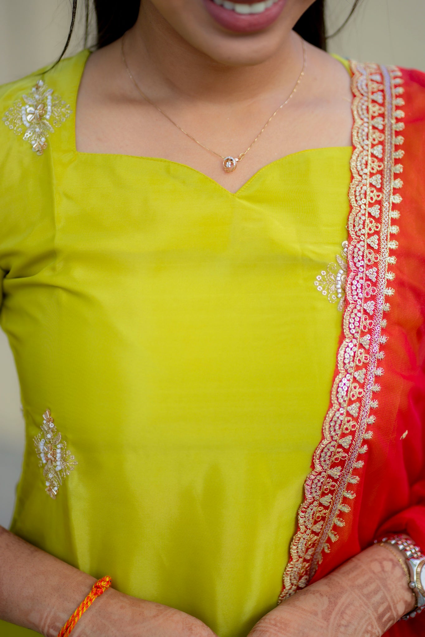 AA195 Parrot Green Glassy Organza Designer Kurti with Red Designer Dupatta