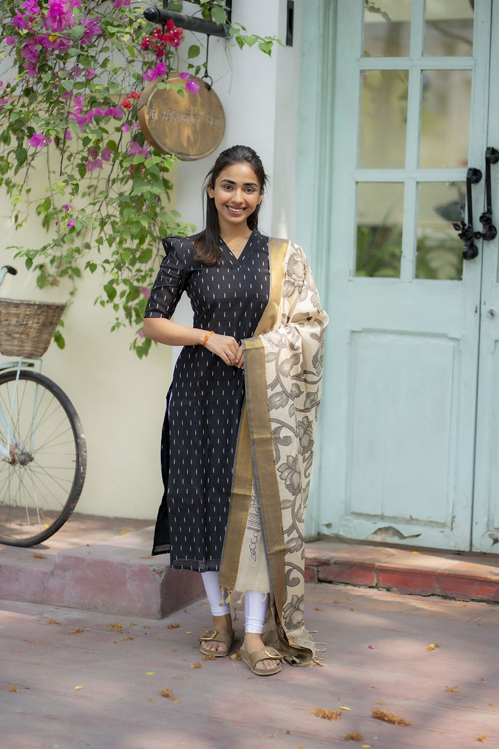 AA205 Black Raw Silk Kurti with Kalmkari Dupatta