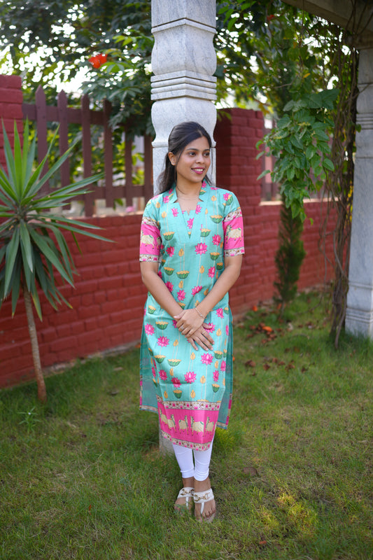 AA166 Blue Pichwai Tussar Silk Kurti